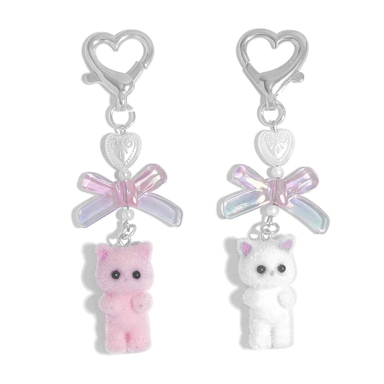 Cute Pink Keychain, Fuzzy Cat Keychain Aesthetic Y2K KeychainCharms Stylish KeychainsAccessories for Bag Charms Purse Gifts (2PCS Pink White Cat Sets)